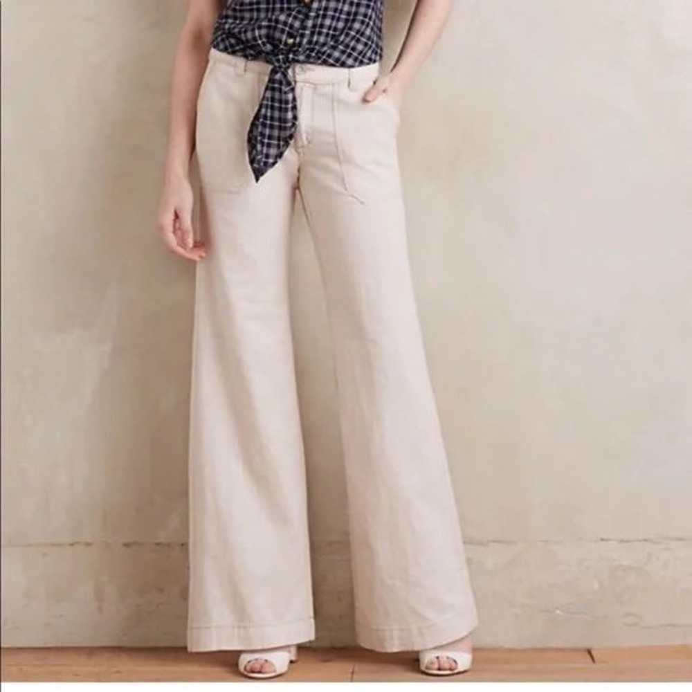 Pilcro and the Letterpress Tan Linen Blend Wide Leg Pants Lace Trim Size 28